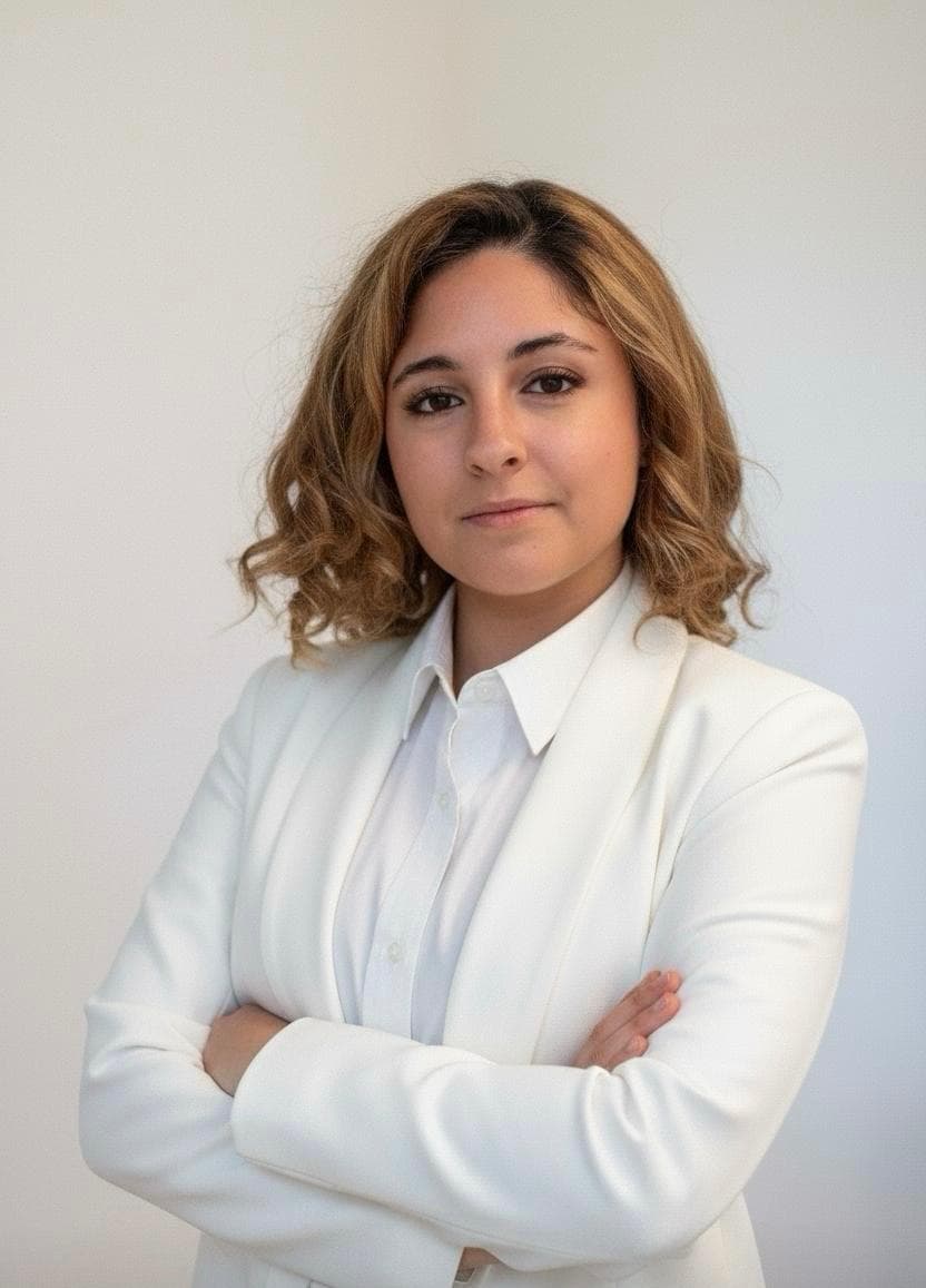 Sara Romano, consulente assicurativa, con blazer bianco su sfondo neutro